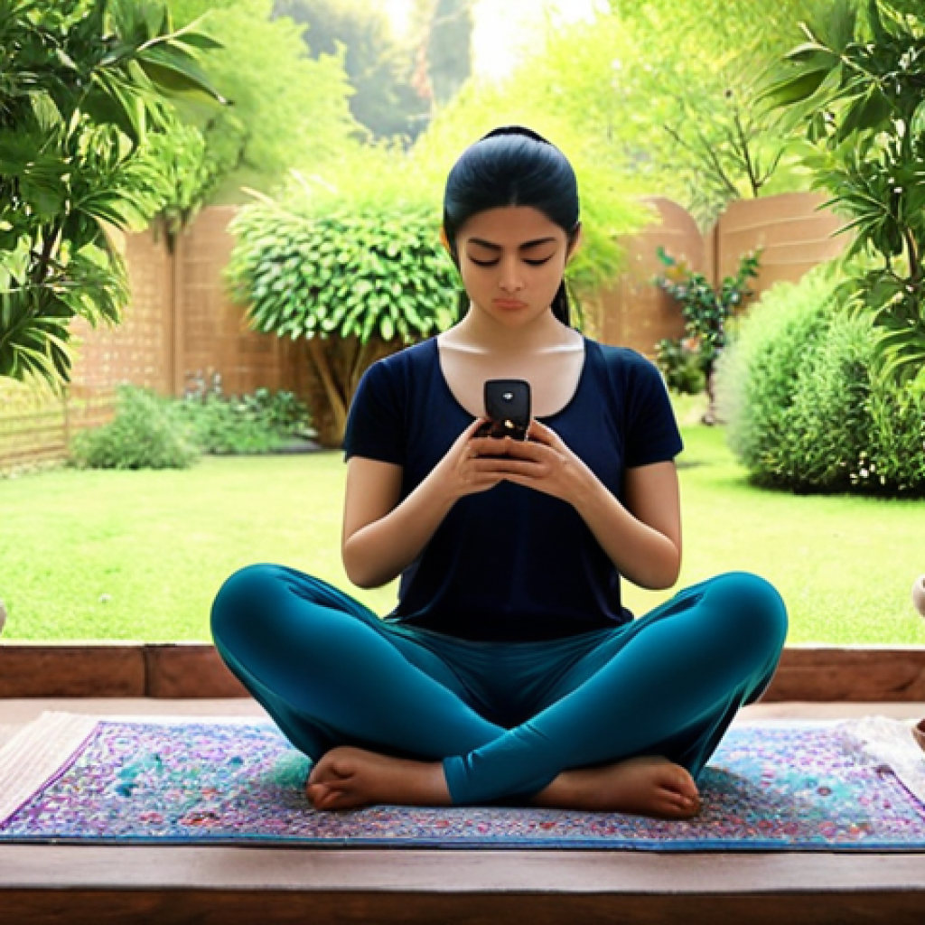 **Image Prompt:** A serene individual meditating in a peaceful garden, overlooking a smartphone displaying social media feeds. The person is subtly detached, finding inner peace despite the digital noise. Soft, natural lighting. Urdu text overlayed: "سکون کی تلاش میں سوشل میڈیا سے دوری" (Seeking peace, distancing from social media).