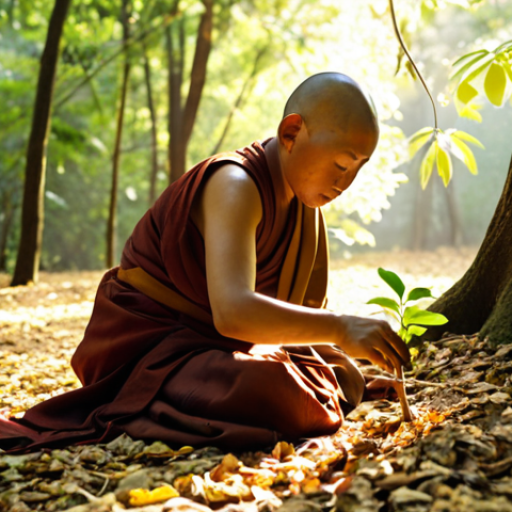 **Image Prompt:** "A serene Buddhist monk tending to a small tree sapling in a lush green forest, bathed in soft, golden sunlight. The monk is wearing traditional robes, and the forest floor is covered in fallen leaves. Focus on the peacefulness and connection between the monk and nature, emphasizing environmental stewardship in a Buddhist context. Soft, painterly style."