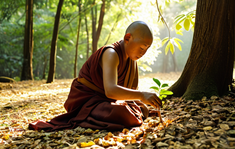 **Image Prompt:** "A serene Buddhist monk tending to a small tree sapling in a lush green forest, bathed in soft, golden sunlight. The monk is wearing traditional robes, and the forest floor is covered in fallen leaves. Focus on the peacefulness and connection between the monk and nature, emphasizing environmental stewardship in a Buddhist context. Soft, painterly style."