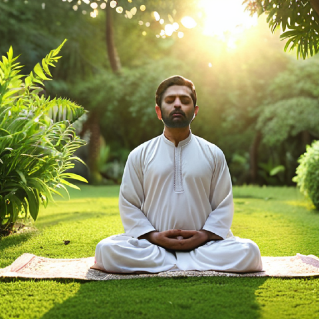 **Mindfulness Meditation:** A serene individual in traditional Pakistani attire meditating peacefully in a lush, green garden at dawn. Soft sunlight, focus on inner peace and mindfulness.