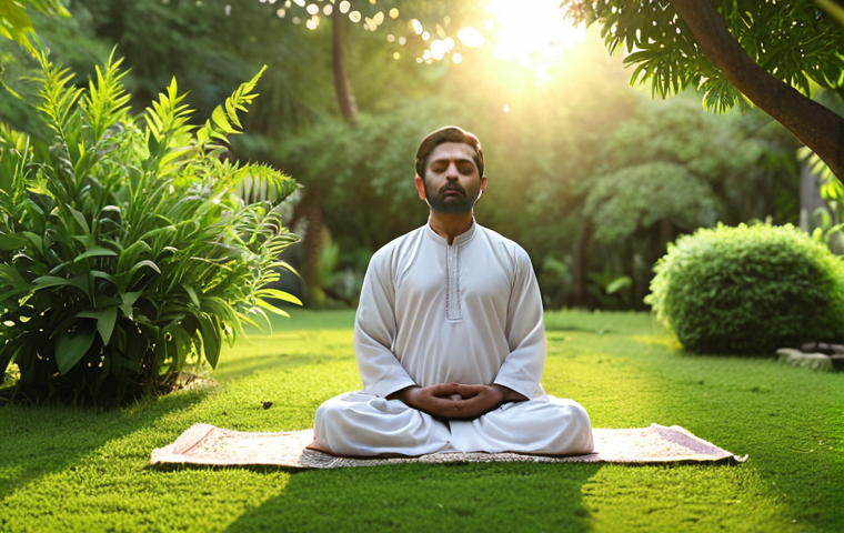 **Mindfulness Meditation:** A serene individual in traditional Pakistani attire meditating peacefully in a lush, green garden at dawn. Soft sunlight, focus on inner peace and mindfulness.