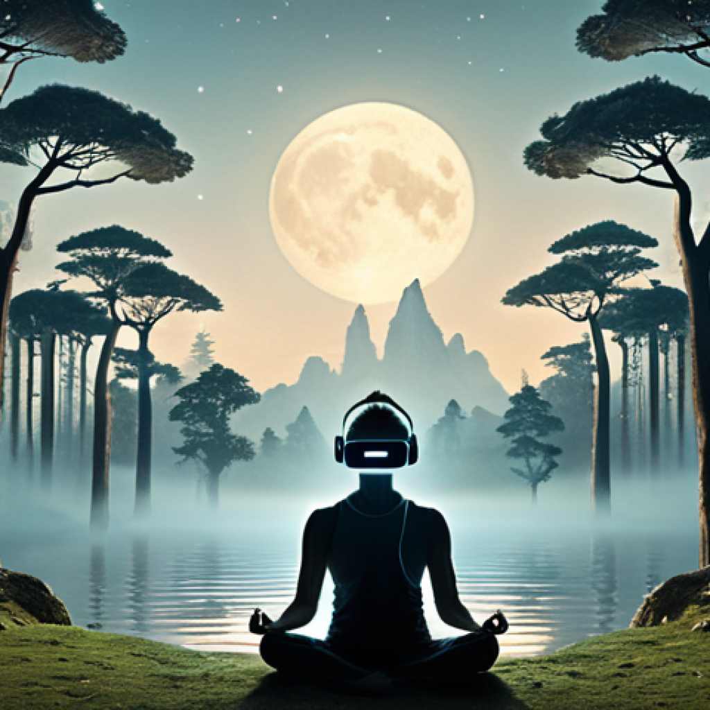 **Image Prompt 1:**
A solitary figure in a state of deep meditation, wearing a modern, subtle VR headset. They are immersed in a breathtaking, serene virtual landscape, perhaps a moonlit forest with glowing trees or a tranquil floating island amidst clouds. The environment is imbued with a sense of peace and mindfulness, featuring gentle, soft lighting and subtle, calm digital effects. This image captures the potential of the metaverse to open new doors for spiritual practice and inner tranquility, blending ancient wisdom with future technology.