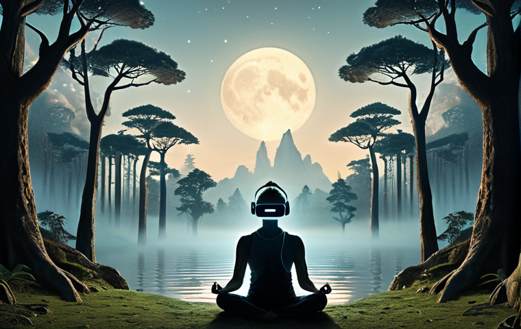 **Image Prompt 1:**
    A solitary figure in a state of deep meditation, wearing a modern, subtle VR headset. They are immersed in a breathtaking, serene virtual landscape, perhaps a moonlit forest with glowing trees or a tranquil floating island amidst clouds. The environment is imbued with a sense of peace and mindfulness, featuring gentle, soft lighting and subtle, calm digital effects. This image captures the potential of the metaverse to open new doors for spiritual practice and inner tranquility, blending ancient wisdom with future technology.