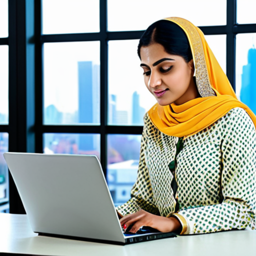 ** A professional businesswoman in a modest salwar kameez, working on a laptop at a desk in a bright, modern office. The background includes bookshelves and a window overlooking a cityscape. Fully clothed, appropriate attire, safe for work, perfect anatomy, natural proportions, professional, high quality.
**