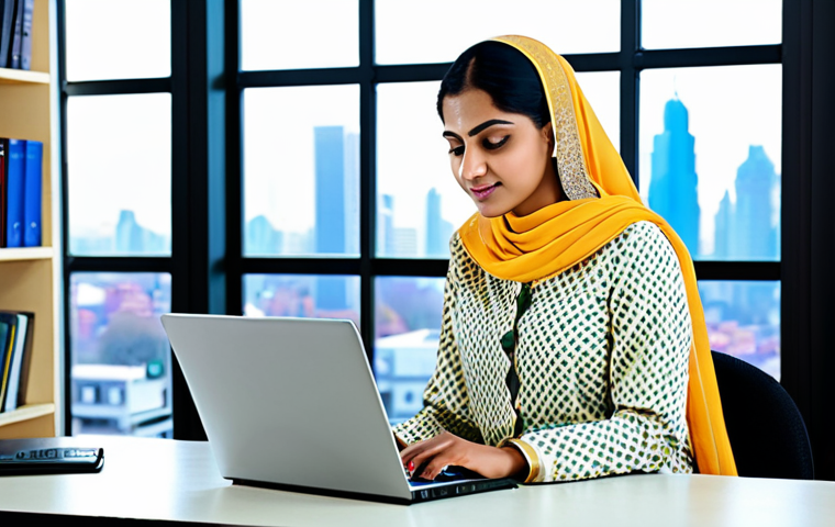 ** A professional businesswoman in a modest salwar kameez, working on a laptop at a desk in a bright, modern office. The background includes bookshelves and a window overlooking a cityscape. Fully clothed, appropriate attire, safe for work, perfect anatomy, natural proportions, professional, high quality.

**