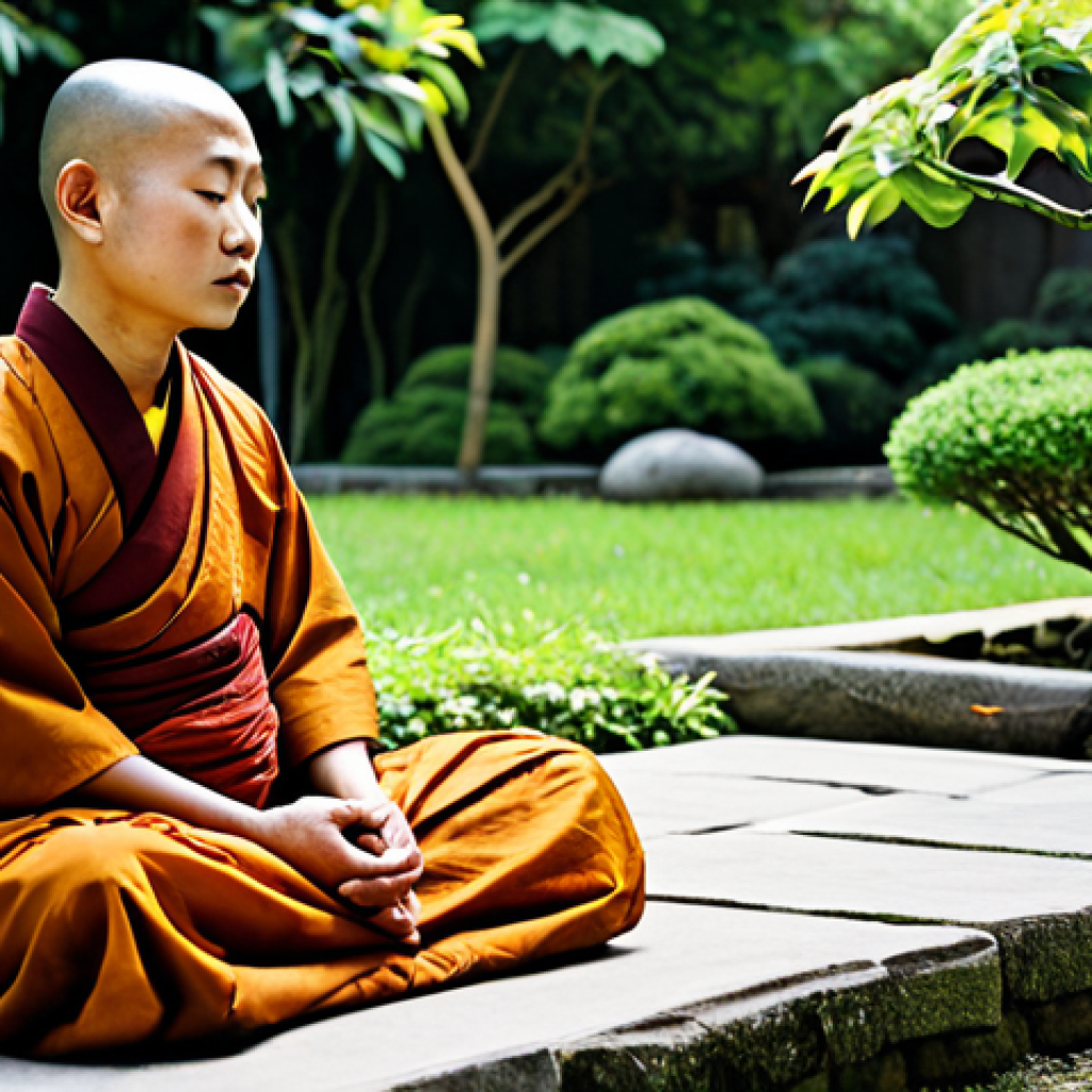 불교에서의 고통의 의미 - **Prompt:** "Serene Buddhist monk meditating in a peaceful garden, fully clothed in traditional robe...