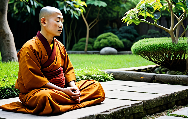 불교에서의 고통의 의미 - **Prompt:** "Serene Buddhist monk meditating in a peaceful garden, fully clothed in traditional robe...