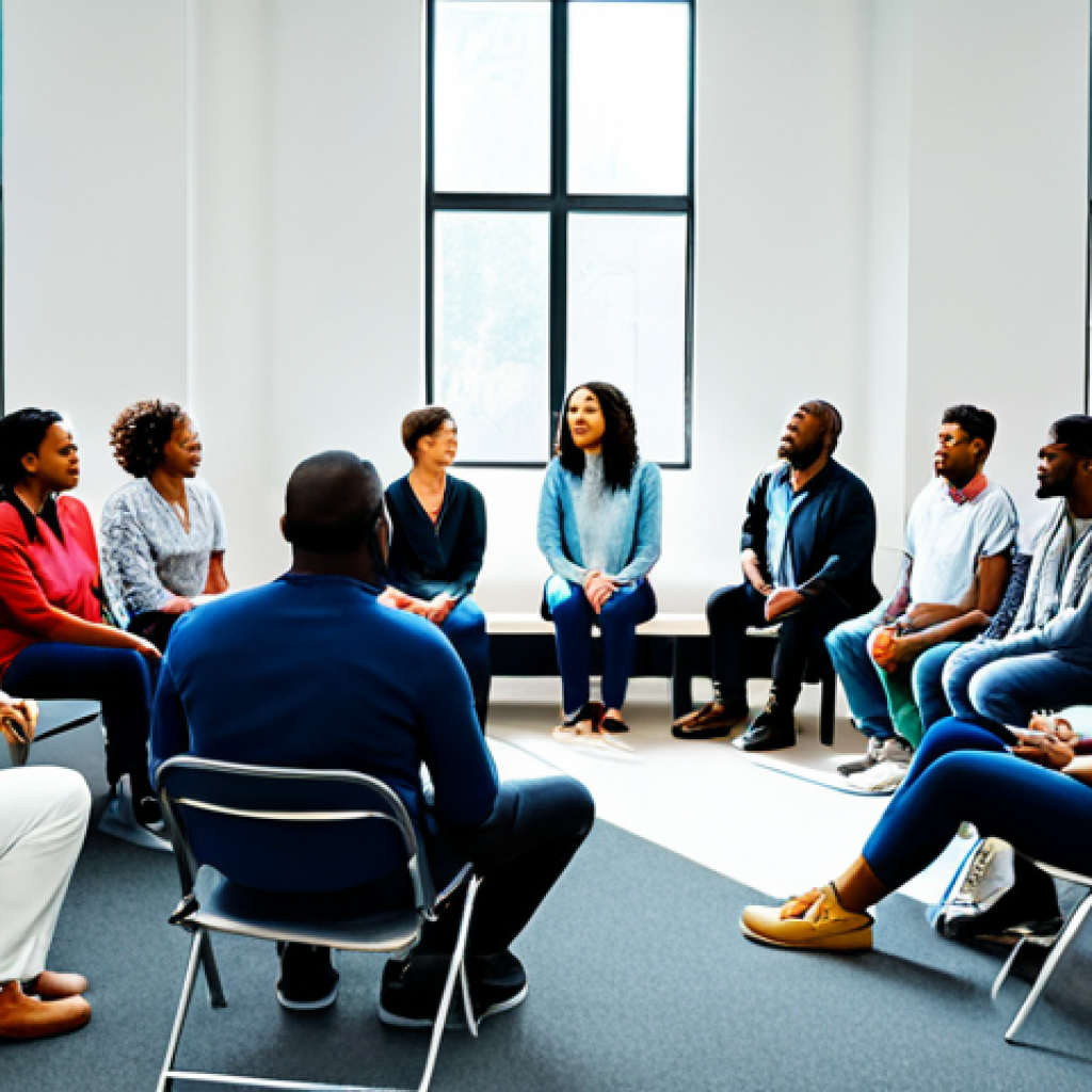 불교에서의 타인 존중 - **Image:** A diverse group of fully clothed people are sitting in a circle, listening attentively to...