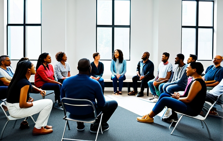불교에서의 타인 존중 - **Image:** A diverse group of fully clothed people are sitting in a circle, listening attentively to...