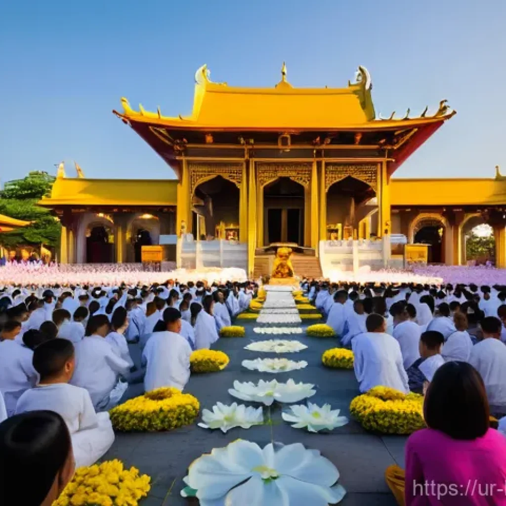 불교 축제와 행사 - A serene and majestic scene depicting the Vesak festival. A diverse group of people, including famil...