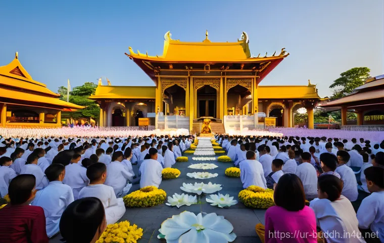 불교 축제와 행사 - A serene and majestic scene depicting the Vesak festival. A diverse group of people, including famil...