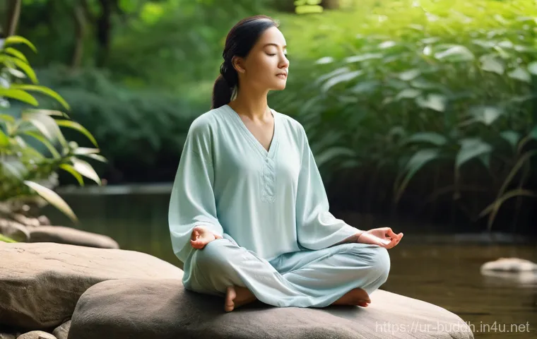 불교에서의 내면 성장 - **Mindful Serenity in Nature's Embrace:**
"A peaceful scene depicting an adult person, dressed i...