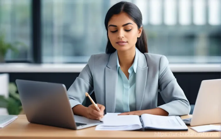 불교와 직장 스트레스 - **Prompt 1: Mindful Professional in a Serene Office**
    A young South Asian professional, either m...