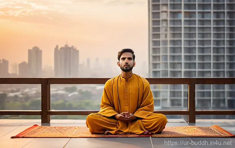 불교에서의 지혜와 사랑 - **Prompt 1: Serene Urban Meditation**
    "A young adult, of South Asian descent, sits in a calm, me...