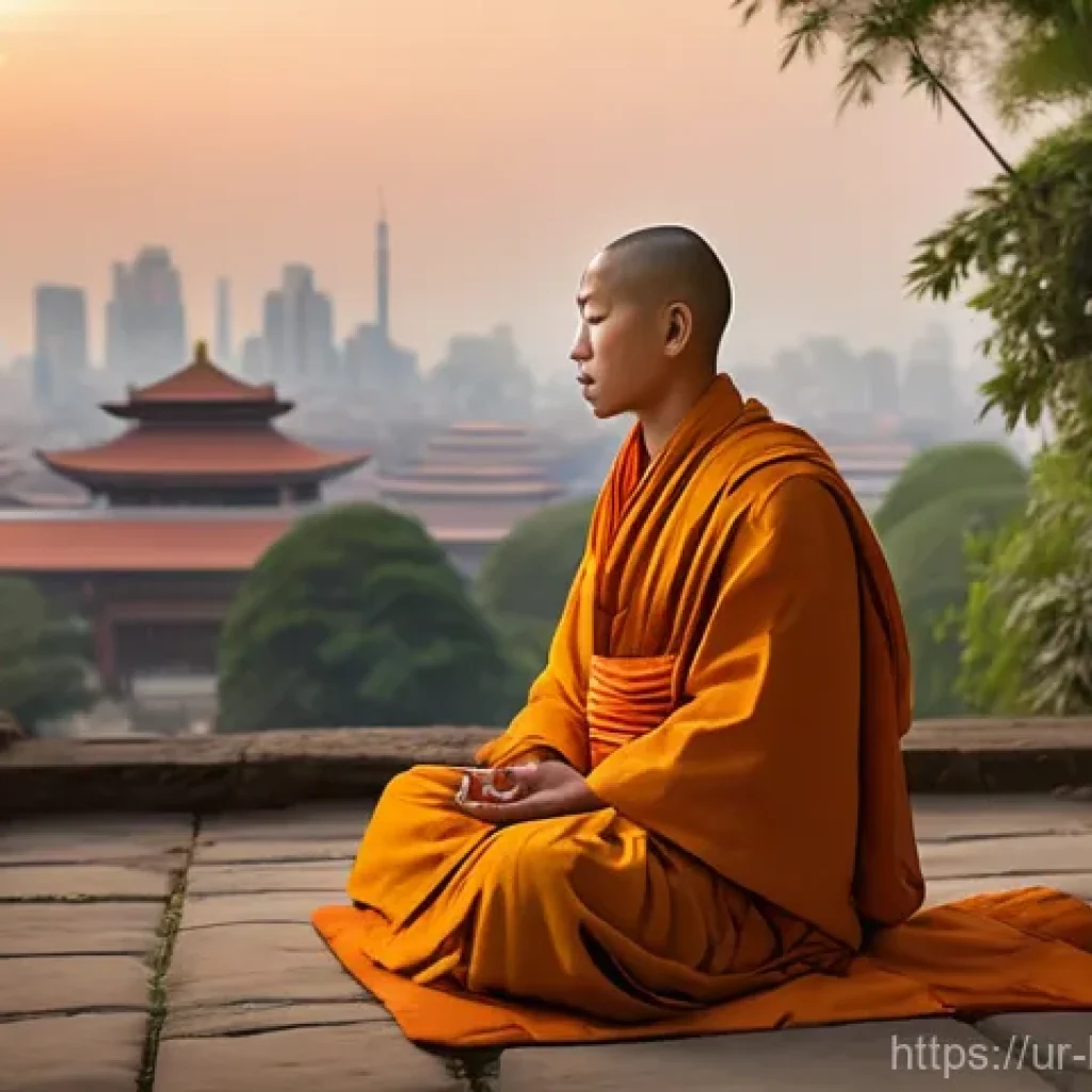 불교와 글로벌 네트워크 - **Prompt:** A serene and wise Buddhist monk in traditional, neatly draped saffron robes, sitting in ...