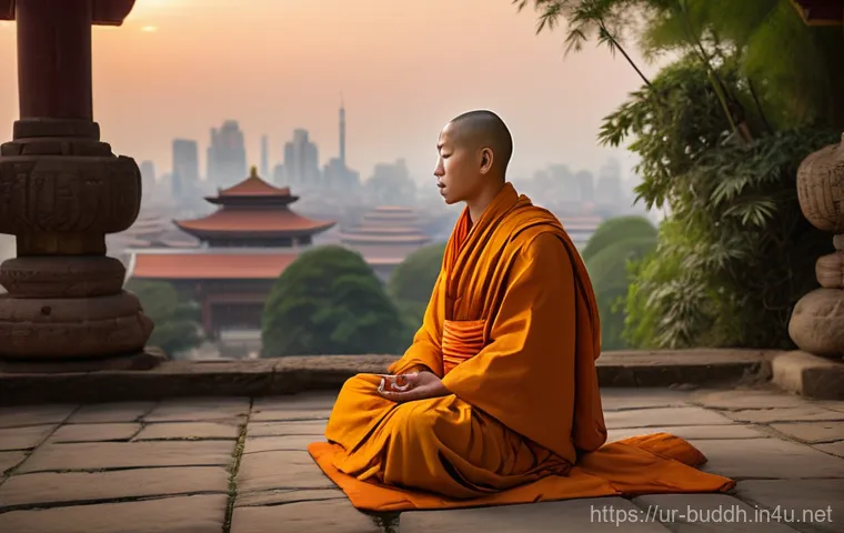 불교와 글로벌 네트워크 - **Prompt:** A serene and wise Buddhist monk in traditional, neatly draped saffron robes, sitting in ...