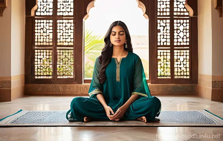 불교와 인도 철학 - **Prompt: Inner Peace and Mindfulness in a Traditional Setting**
A serene young woman, of South ...