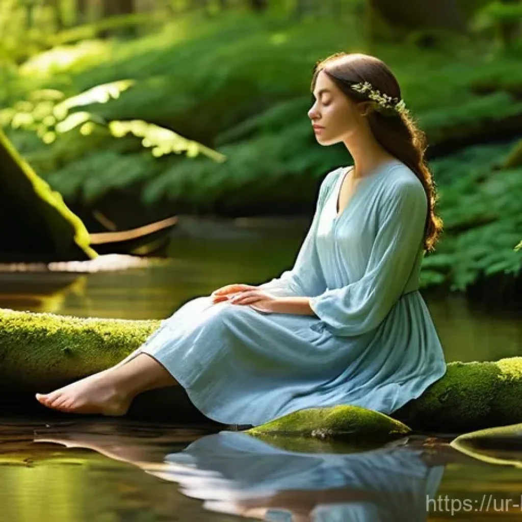 불교에서의 내적 성찰 - **Prompt: Serene Self-Reflection in Nature**
A lone woman, dressed in a modest, flowing dress (l...