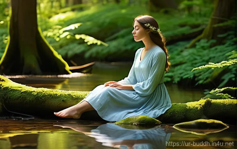 불교에서의 내적 성찰 - **Prompt: Serene Self-Reflection in Nature**
A lone woman, dressed in a modest, flowing dress (l...