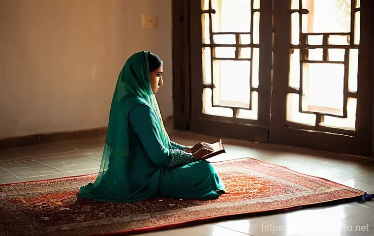 불교에서의 번뇌 극복 - **A Moment of Spiritual Reflection**
"A serene and humble Pakistani woman in her late 20s, seate...