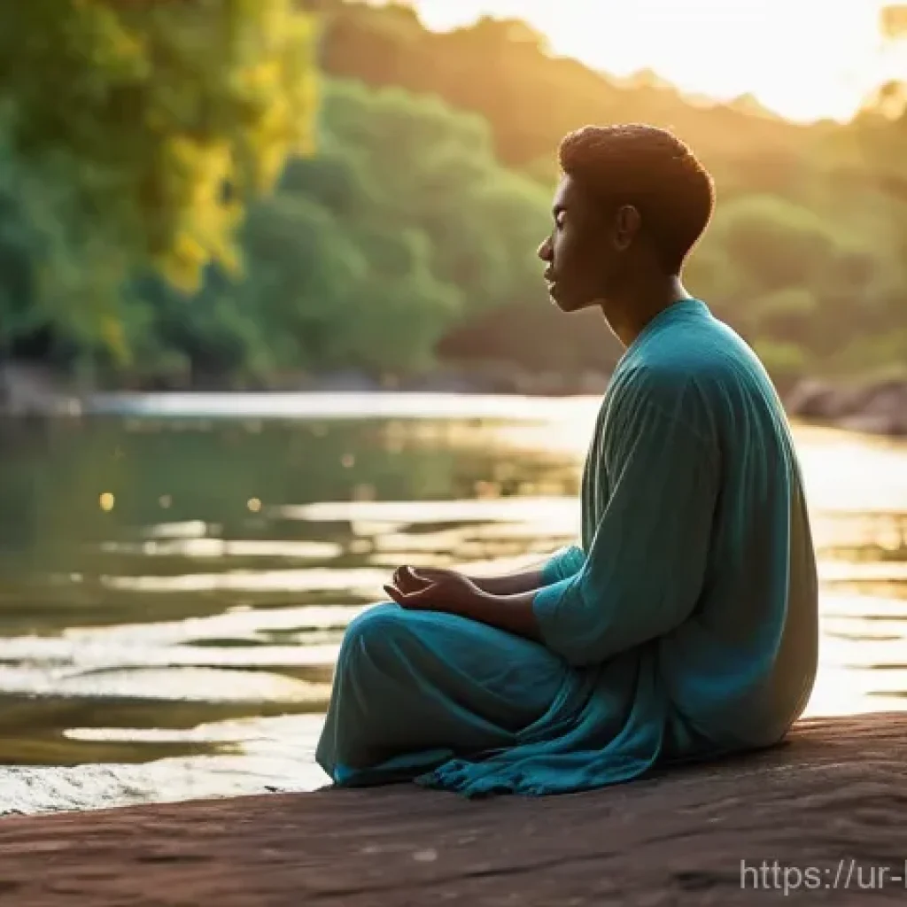 불교에서의 수양법 - **Prompt:** A tranquil, wide shot featuring a diverse young adult, gender-neutral, wearing loose, co...