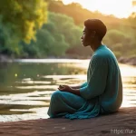 불교에서의 수양법 - **Prompt:** A tranquil, wide shot featuring a diverse young adult, gender-neutral, wearing loose, co...