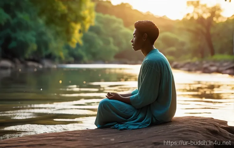 불교에서의 수양법 - **Prompt:** A tranquil, wide shot featuring a diverse young adult, gender-neutral, wearing loose, co...