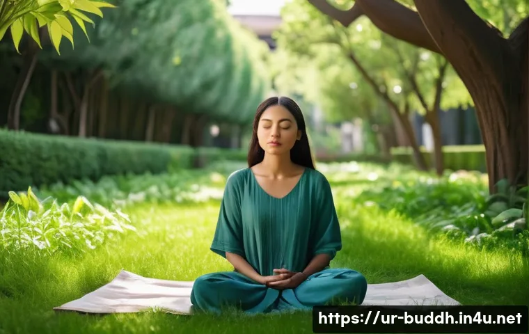 불교에서의 마음의 치유 - **Prompt:** A serene, gender-neutral person, dressed in comfortable, modest clothing, is seated calm...