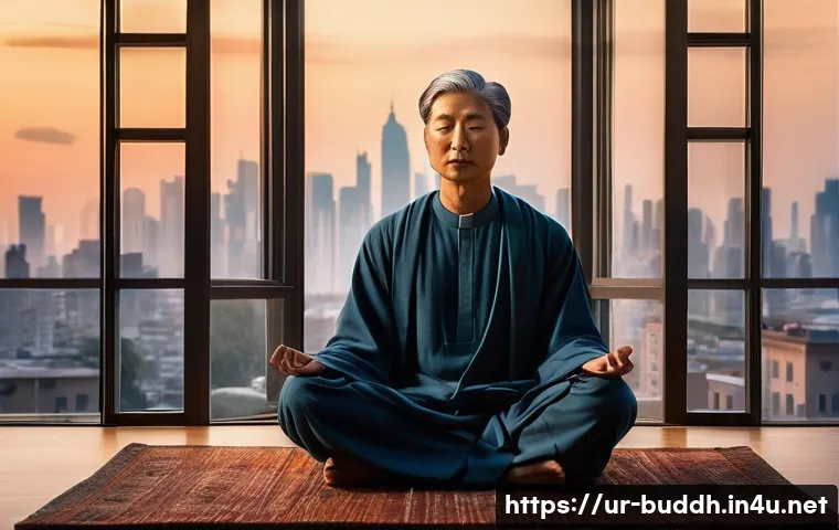 불교의 심리적 치유 - **Prompt 1: "Ancient Wisdom in a Modern World"**
"A serene adult individual, gender neutral, med...